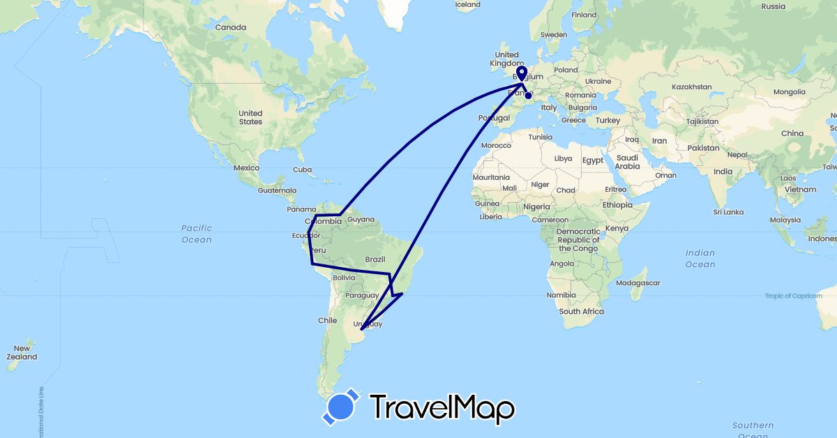 TravelMap itinerary: driving in Argentina, Brazil, Colombia, Ecuador, France, Peru, Venezuela (Europe, South America)