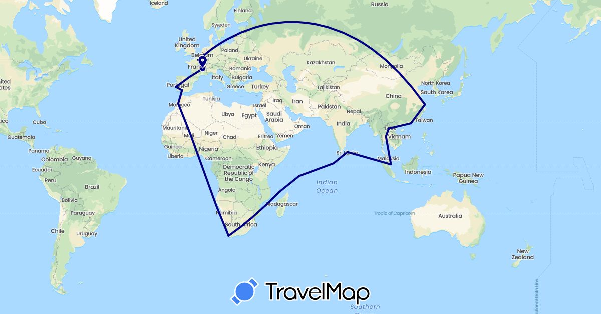 TravelMap itinerary: driving in China, Spain, France, Hong Kong, Laos, Sri Lanka, Morocco, Maldives, Malaysia, Portugal, Seychelles, Thailand, Mayotte, South Africa (Africa, Asia, Europe)